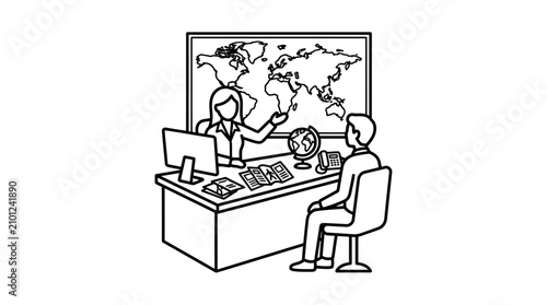 Minimalist Black and White Line Drawing of Professional Discussing Global Business with Computer and Globe