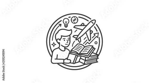 Minimalist Black and White Line Drawing of Student Studying with Books Clock Lightbulb and Rocket Symbolizing Learning and Growth