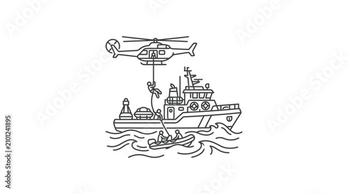 Minimalist Black and White Line Drawing of Rescue Operation at Sea with Helicopter Ship and Lifeboat