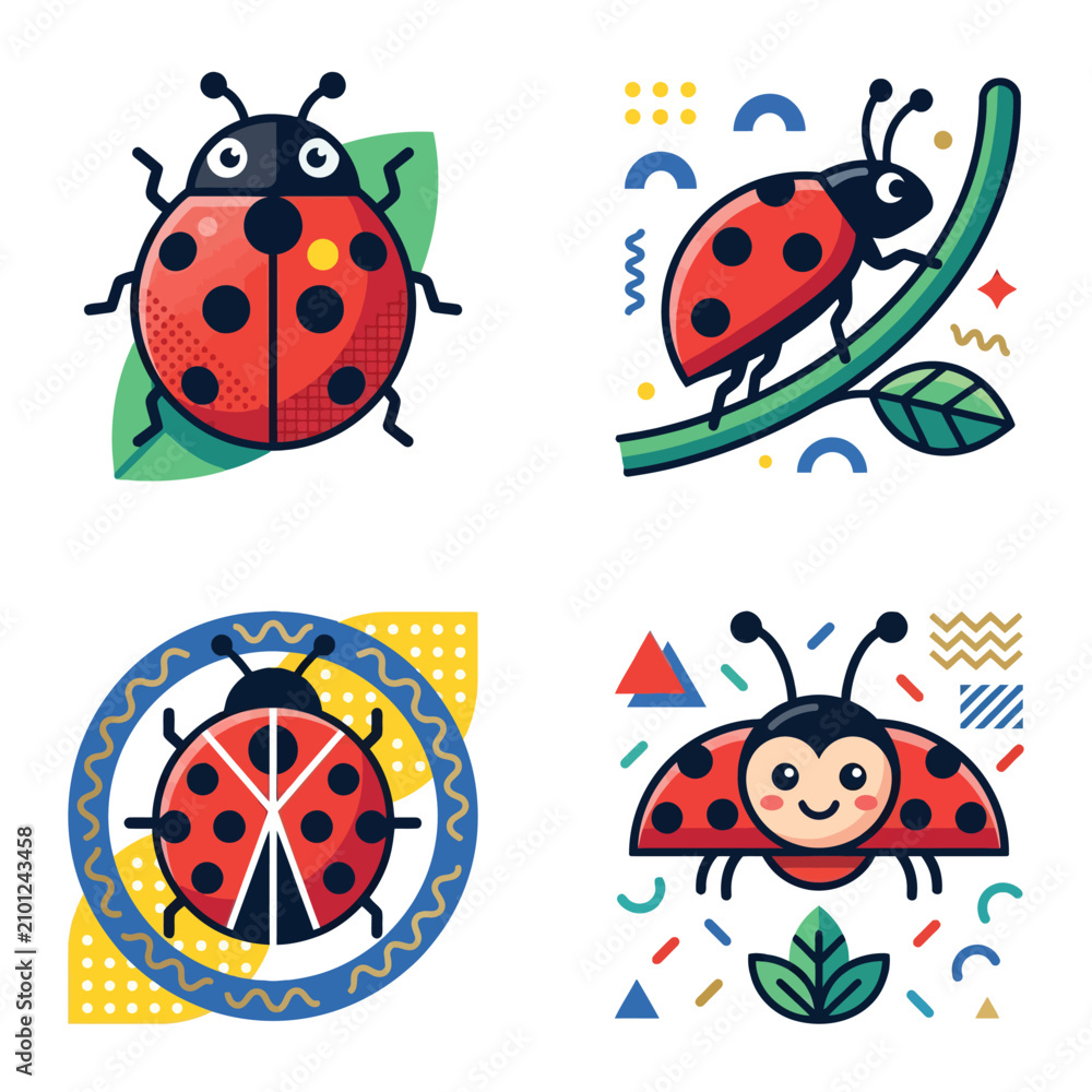 Naklejka premium Decorative ladybug and garden insect icons with geometric details