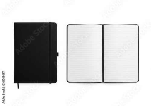 Black notebook and open journal isolated on white background