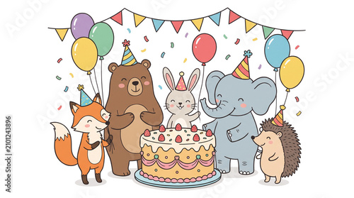 Cute cartoon animals celebrating a birthday party with cake and balloons.