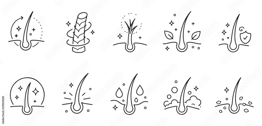 Fototapeta premium Hair Care Treatment Line Icons Collection Scalp Health Beauty Outline Vector Set