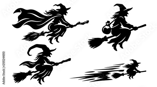 Fotografie A collection of black silhouettes featuring witches flying on broomsticks in various dynamic poses and sizes