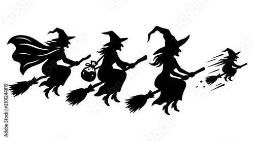 Fotografie A collection of black witch silhouettes flying on broomsticks isolated against a plain white background
