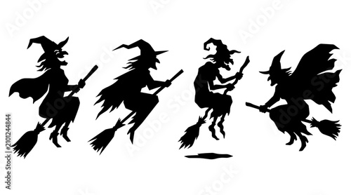 Canvastavla Flying witch silhouettes on broomsticks set isolated on a white background in a