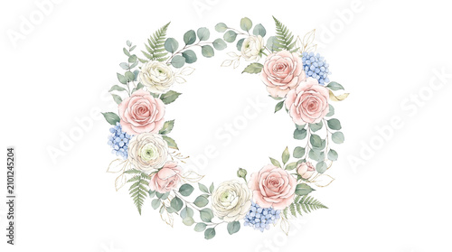 Watercolor floral wreath with roses and eucalyptus leaves.