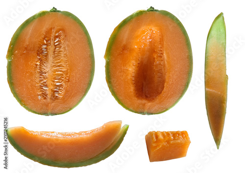 Принти на полотні Cantaloupe melon halves and slices isolated on transparent background