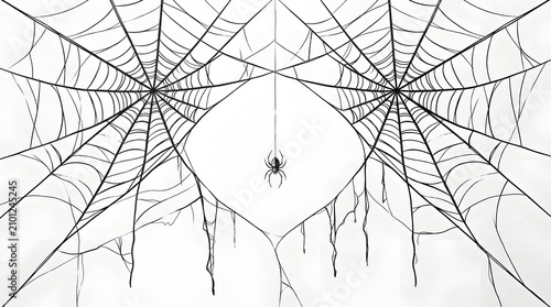 Halloween spider web with hanging spider spooky black and white illustration for halloween decorations and costumes