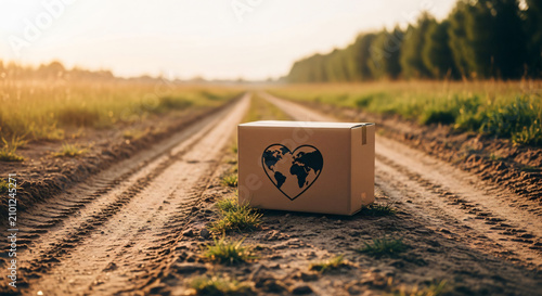 Eco friendly box with heart earth logo on a rural dirt road
