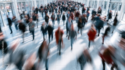 Blurred motion of diverse crowd walking through modern building entrance with glass walls