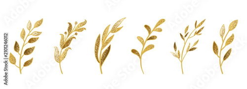 Branch gold glitter set. Shiny botanical flower sprig, golden leaf foliage and elegant plant stem decoration elements. Luxury floral ornament collection for wedding ornate decor. Vector illustration