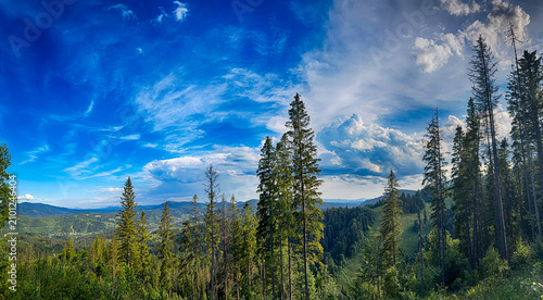 Sunny Carpathian peaks: green valleys and cloudy skies.