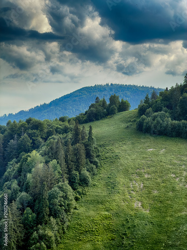 Sunny Carpathian peaks: green valleys and cloudy skies.