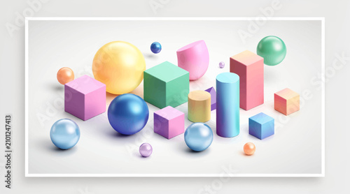 3D Geometric Shapes: Cubes, Spheres, Cylinders in Pastel Colors, Abstract Design