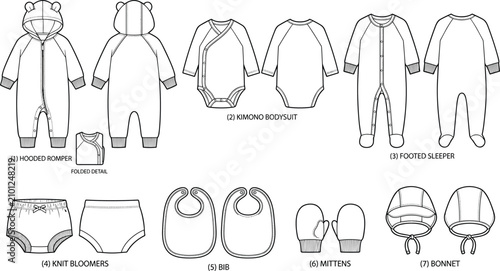 Foto Baby clothing technical flat sketch collection featuring romper bodysuit sleeper