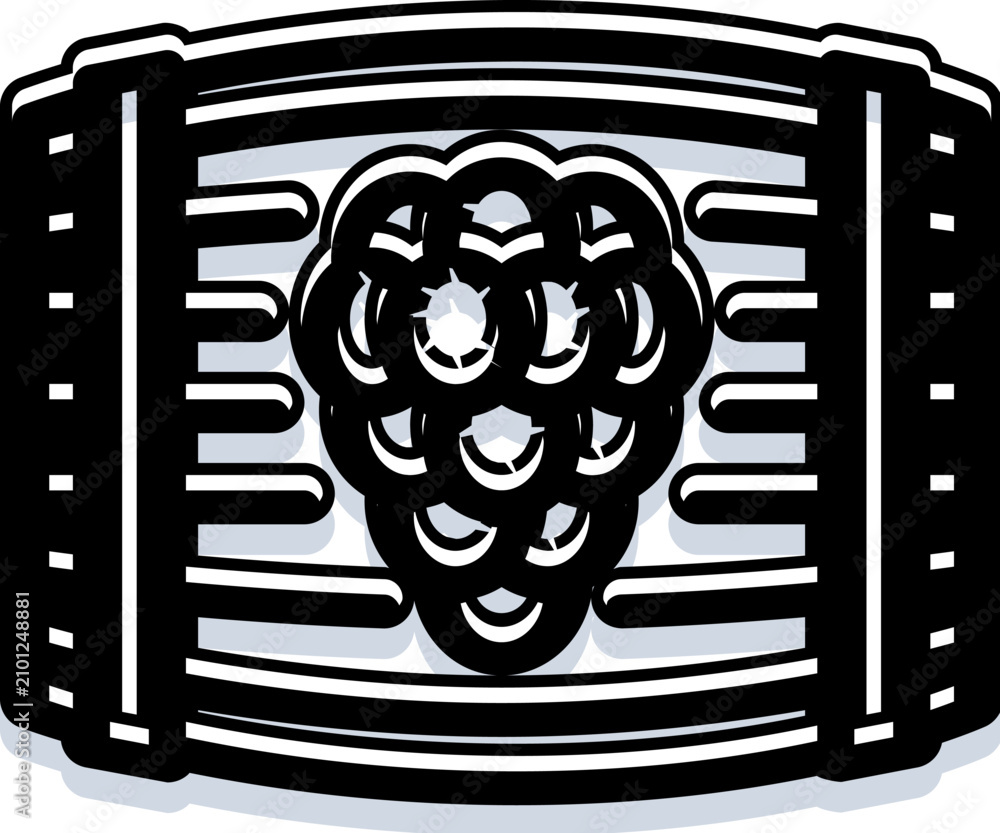 Obraz premium Grape cluster centered on a traditional oak barrel, bold black and white line art symbolizing winemaking, fermentation, vineyard harvest and rustic wine production processes