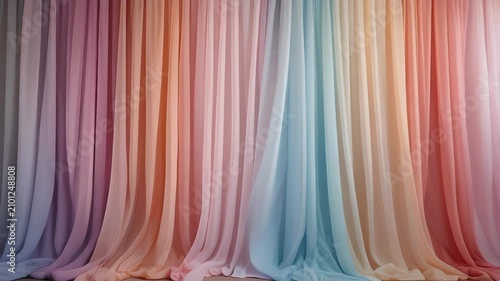 Wide shot of pastel curtains blending colors as they sway 