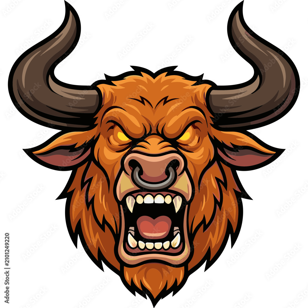 Obraz premium An angry bull's fierce head illustration with horns and open mouth