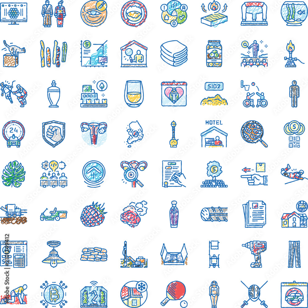Naklejka premium Set of hand drawn blue and colorful sketch icons illustrating a wide range of topics from business and technology to medicine and lifestyle, capturing essential concepts with a playful aesthetic