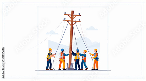 workers installing power lines, utility pole construction