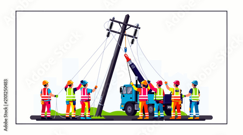 workers installing utility pole with crane