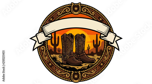 Western cowboy boots and desert sunset with vintage banner