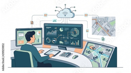 Man operating autonomous vehicle system with multiple screens and data analysis