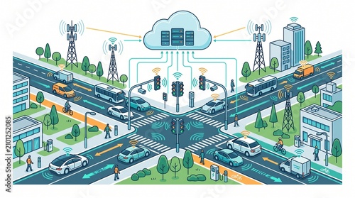 Autonomous Vehicle technology enables smart traffic management in a futuristic cityscape with connected infrastructure