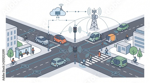 Autonomous vehicle navigating through a city intersection with connected infrastructure