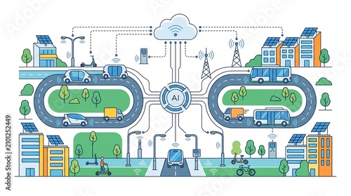 Autonomous Vehicle system with self-driving cars navigating through a smart city infrastructure network