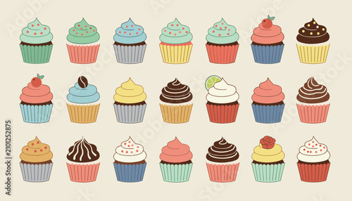 Large grid of twenty-one diverse cupcakes with different frostings, toppings, and colorful wrappers on a light beige background.
