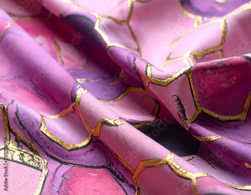 Close-up of Luxurious Silk Fabric with Abstract Floral Pattern in Pink and Purple Hues.