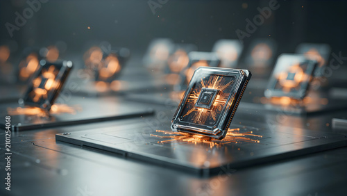 Advanced microchip processor on a circuit board with glowing connections