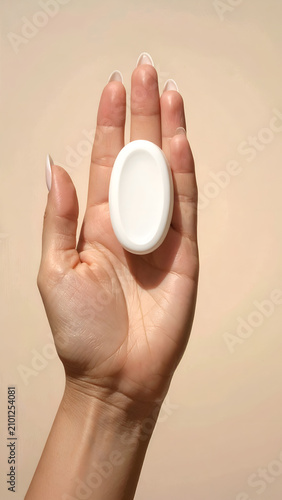 A Hand Holds a Small White Oval Object Against a Soft Peach Background.