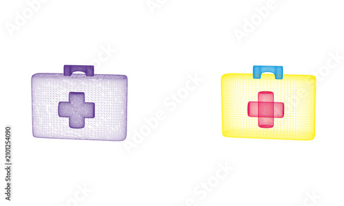 Abstract 3D Wireframe Illustrations of Medical First Aid Kits in Purple and Yellow with Cross Symbols on a White Background