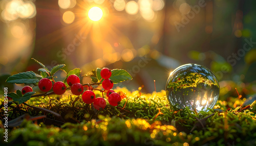 Magical Forest Floor with Sunbeams and Red Berries.