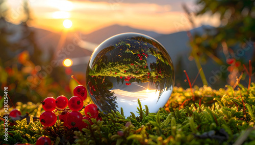 Crystal Ball Reflecting Autumn Forest Landscape at Sunset.