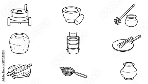Tableau sur toile Traditional Indian Kitchen Utensils Vector Icon Set