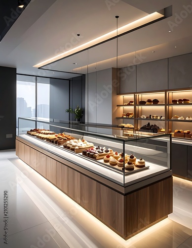 Modern bakery display case interior.
