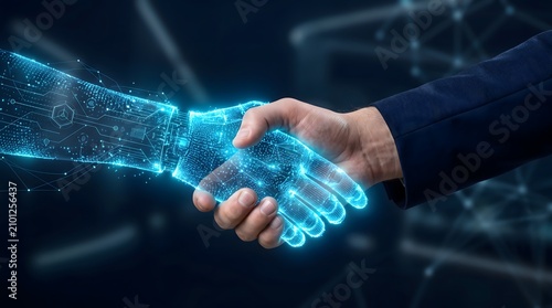 Human and AI Handshake Symbolizing Future Technology Partnership