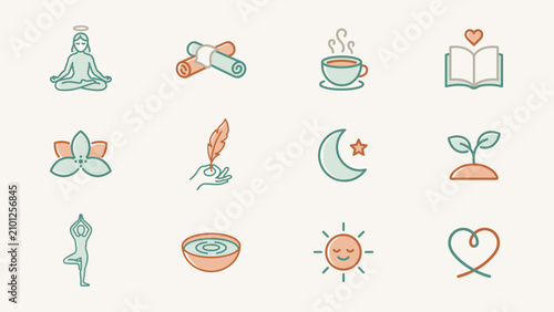 Clean mindfulness and meditation vector icons - Suitable for yoga studio branding, relaxation guides, or mental health content.