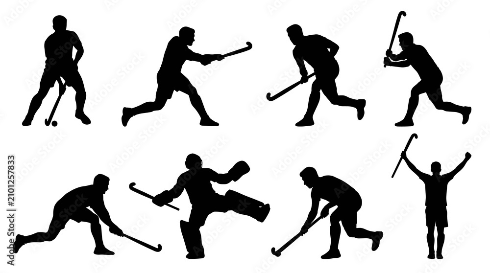 Fototapeta premium Set of eight black silhouettes of hockey players in various action poses on a white background, representing sport and competition