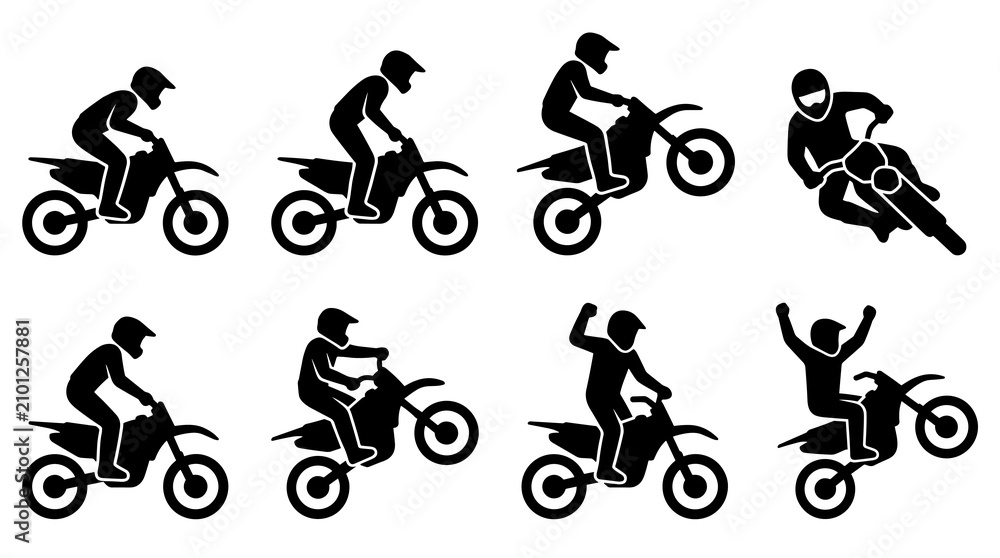 Obraz premium Collection of dynamic motocross rider silhouettes in various action poses, jumping, wheeling, and celebrating, black isolated on white, representing