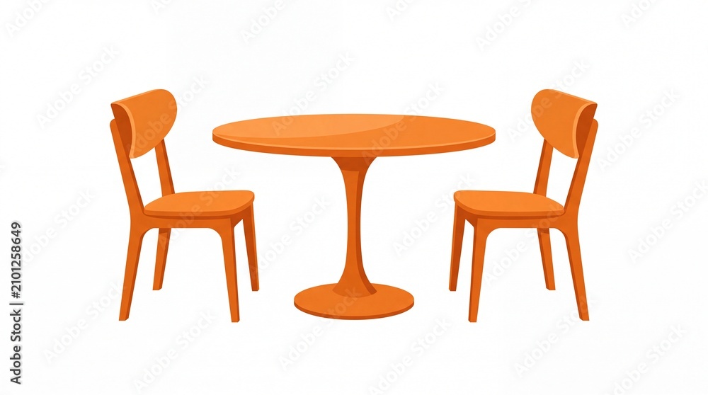 Obraz premium Modern round dining table with two matching chairs illustrated in bright orange on transparent background