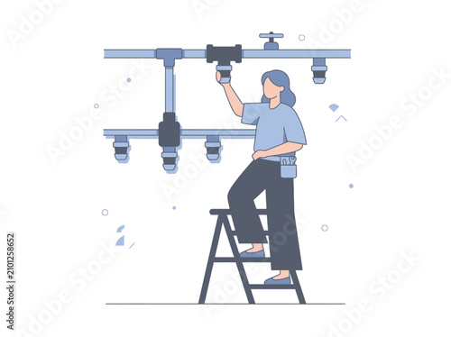 A woman technician inspects plumbing pipes while standing on a stepladder in a clean minimalist setting