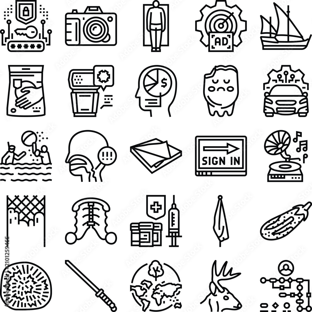 Fototapeta premium Black and white line art icon set showcasing minimalist symbols for technology, security, finance, health, nature, communication, transport, sports, music, and webui concepts