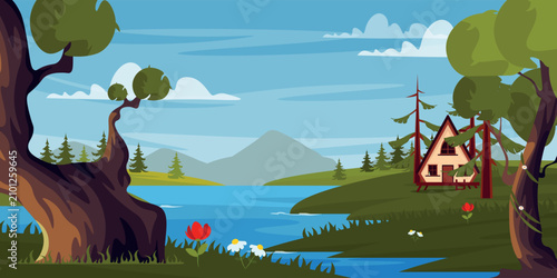 Canvas Print Vector illustration of a house by the lake