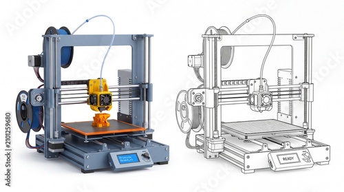 Detailed three dimensional printer and its technical wireframe sketch displayed side by side on transparent background