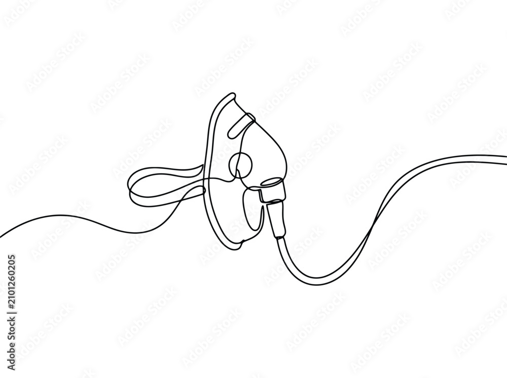 Obraz premium Single line drawing of a medical oxygen mask with a tube providing breathing support and care